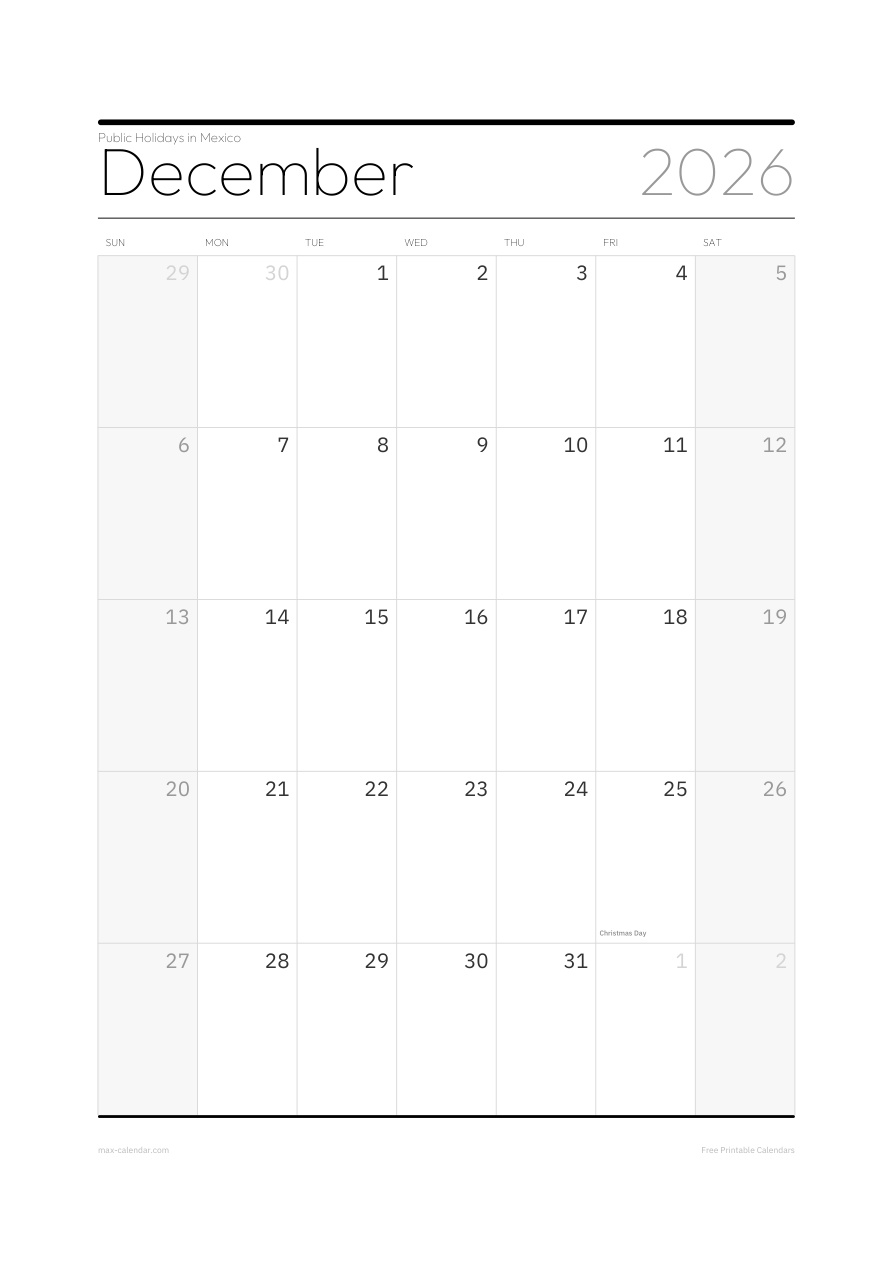 Mexico December 2026 holiday calendar — portrait, week starts Sunday