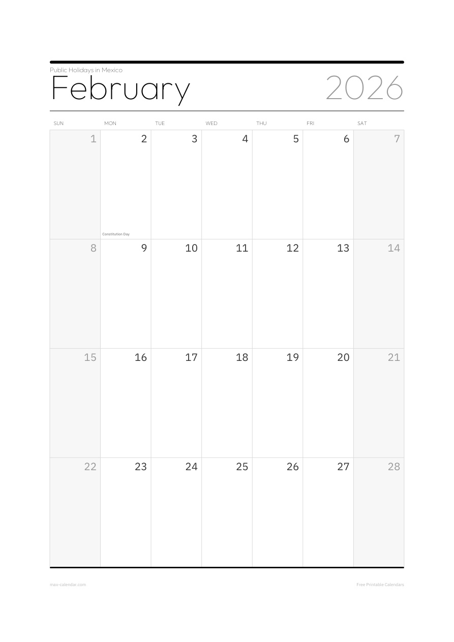 Mexico February 2026 holiday calendar — portrait, week starts Sunday
