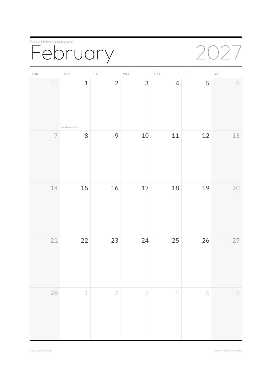 Mexico February 2027 holiday calendar — portrait, week starts Sunday