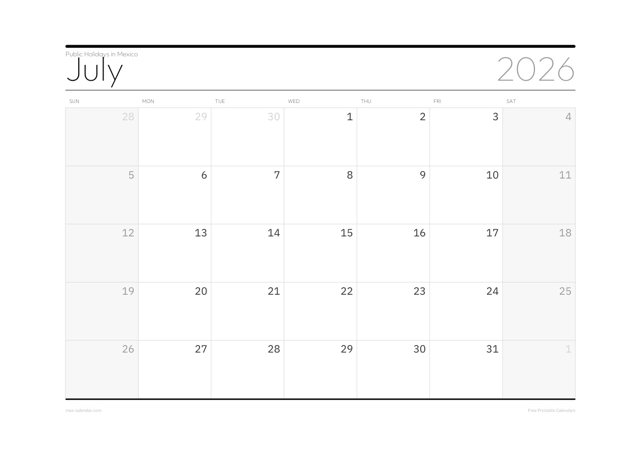 Mexico July 2026 holiday calendar — landscape, week starts Sunday
