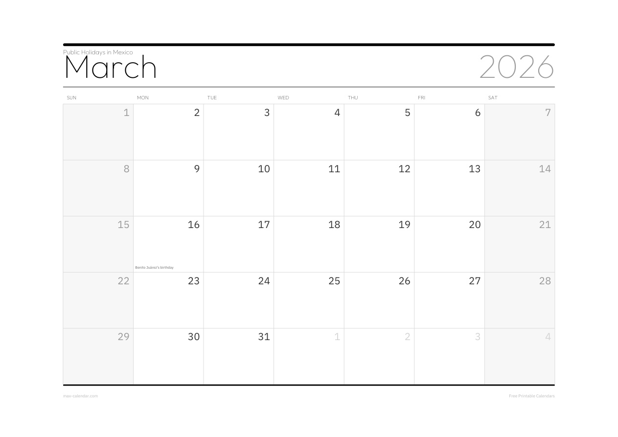 Mexico March 2026 holiday calendar — landscape, week starts Sunday