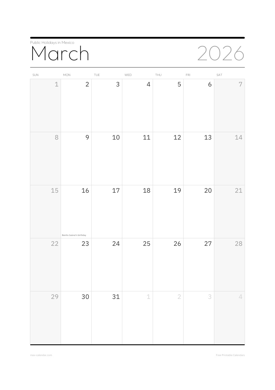 Mexico March 2026 holiday calendar — portrait, week starts Sunday