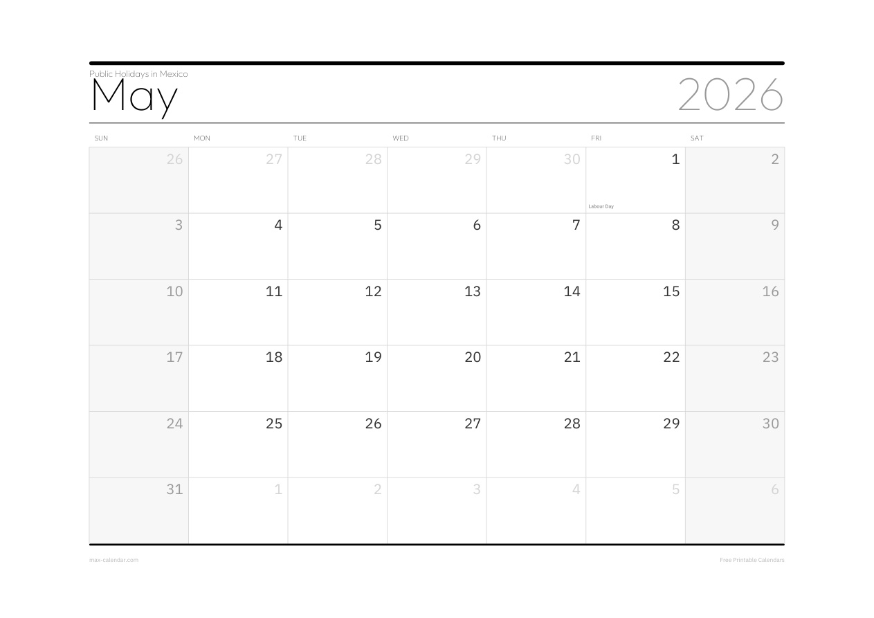 Mexico May 2026 holiday calendar — landscape, week starts Sunday