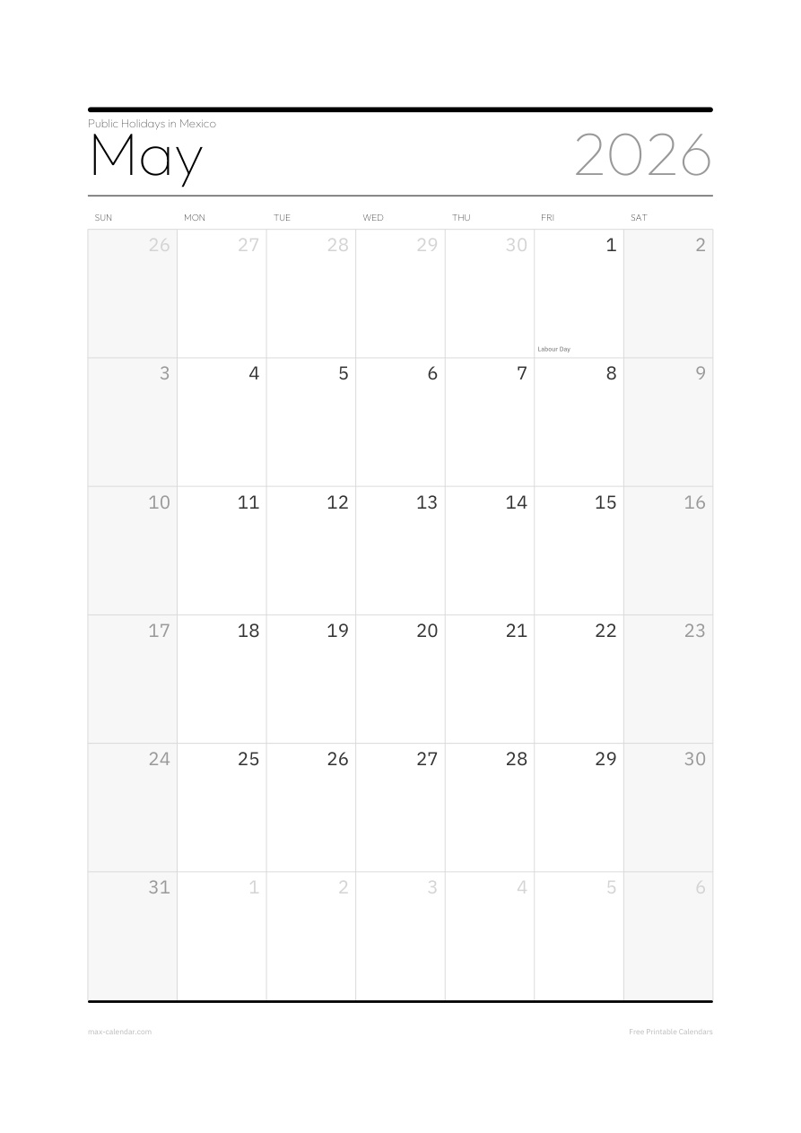Mexico May 2026 holiday calendar — portrait, week starts Sunday