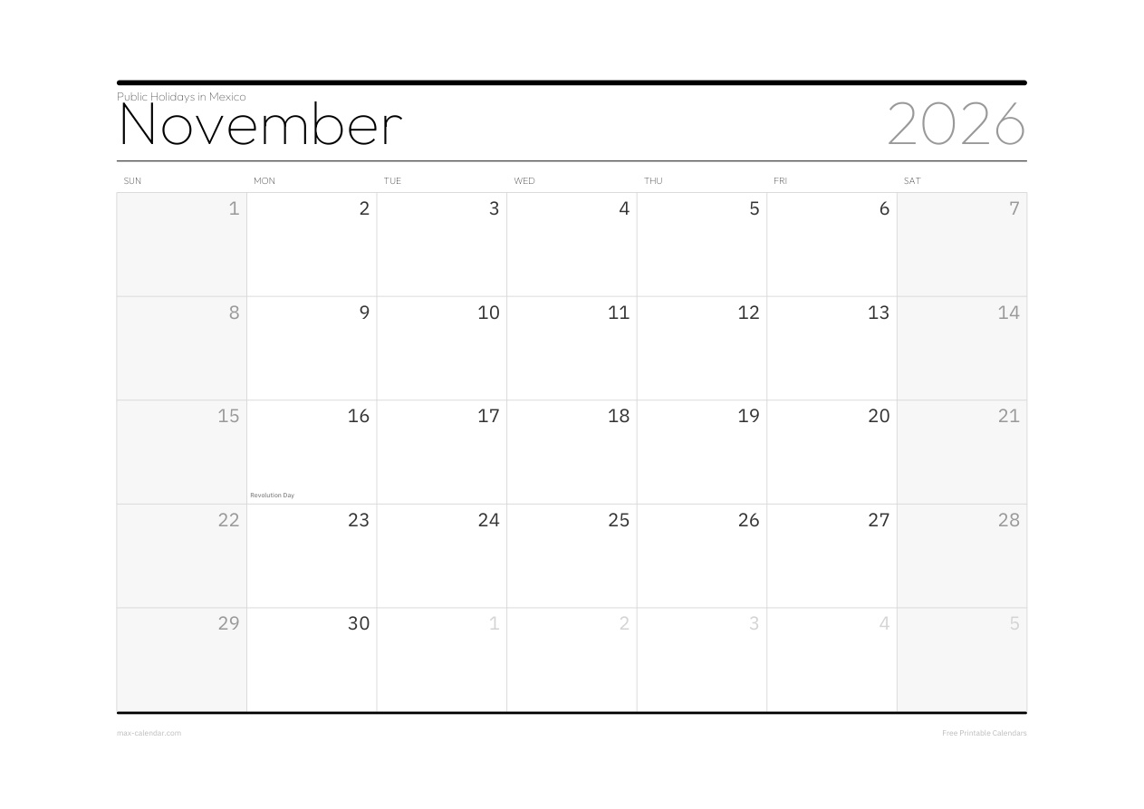 Mexico November 2026 holiday calendar — landscape, week starts Sunday