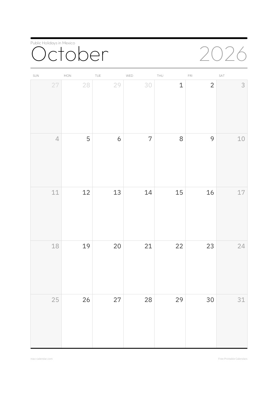 Mexico October 2026 holiday calendar — portrait, week starts Sunday