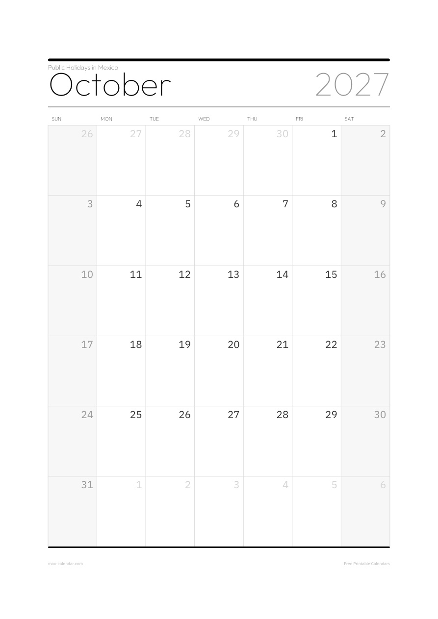 Mexico October 2027 holiday calendar — portrait, week starts Sunday