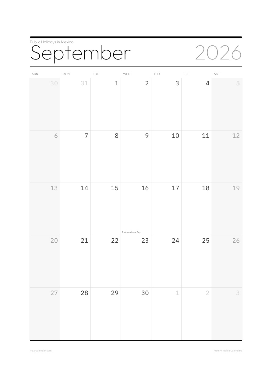 Mexico September 2026 holiday calendar — portrait, week starts Sunday