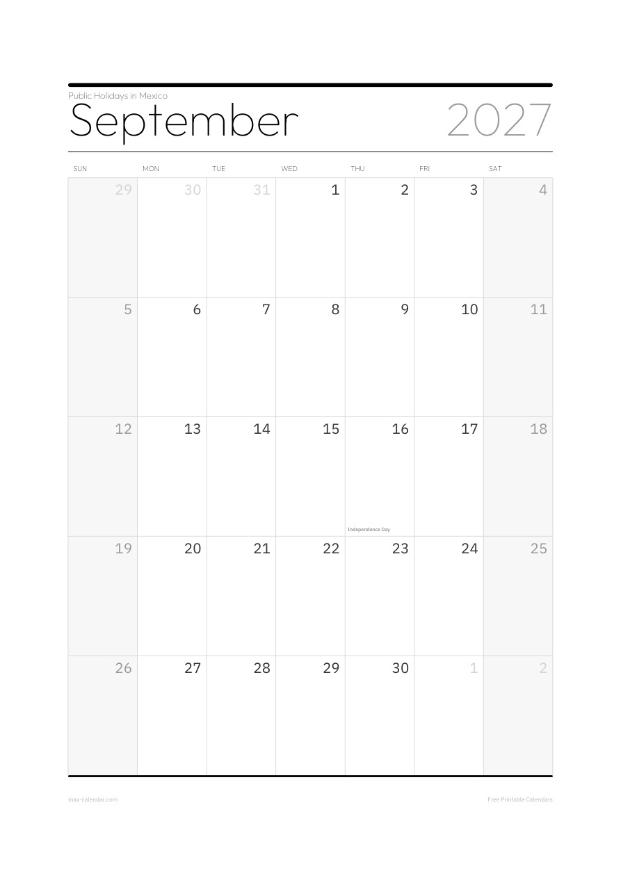 Mexico September 2027 holiday calendar — portrait, week starts Sunday