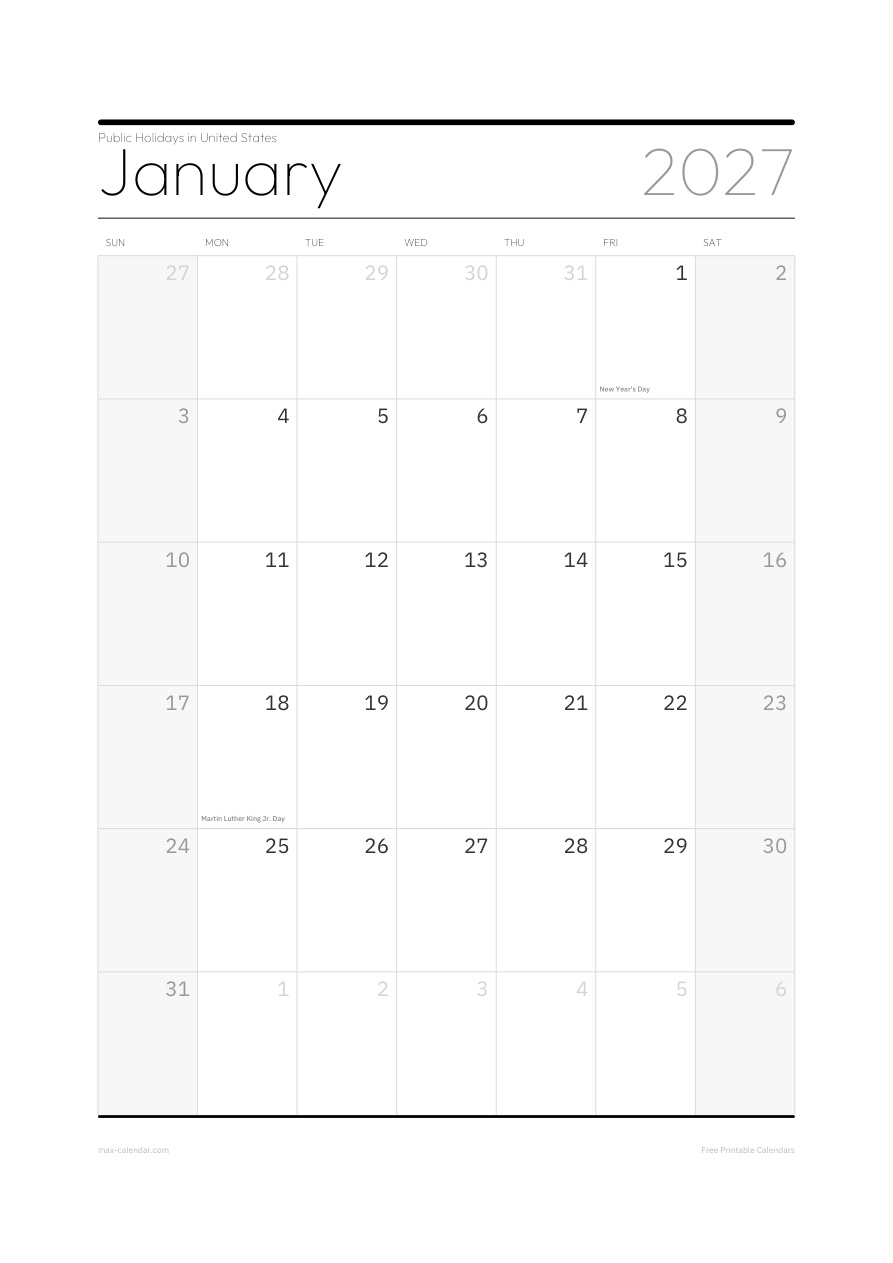 United States January 2027 holiday calendar — portrait, week starts Sunday