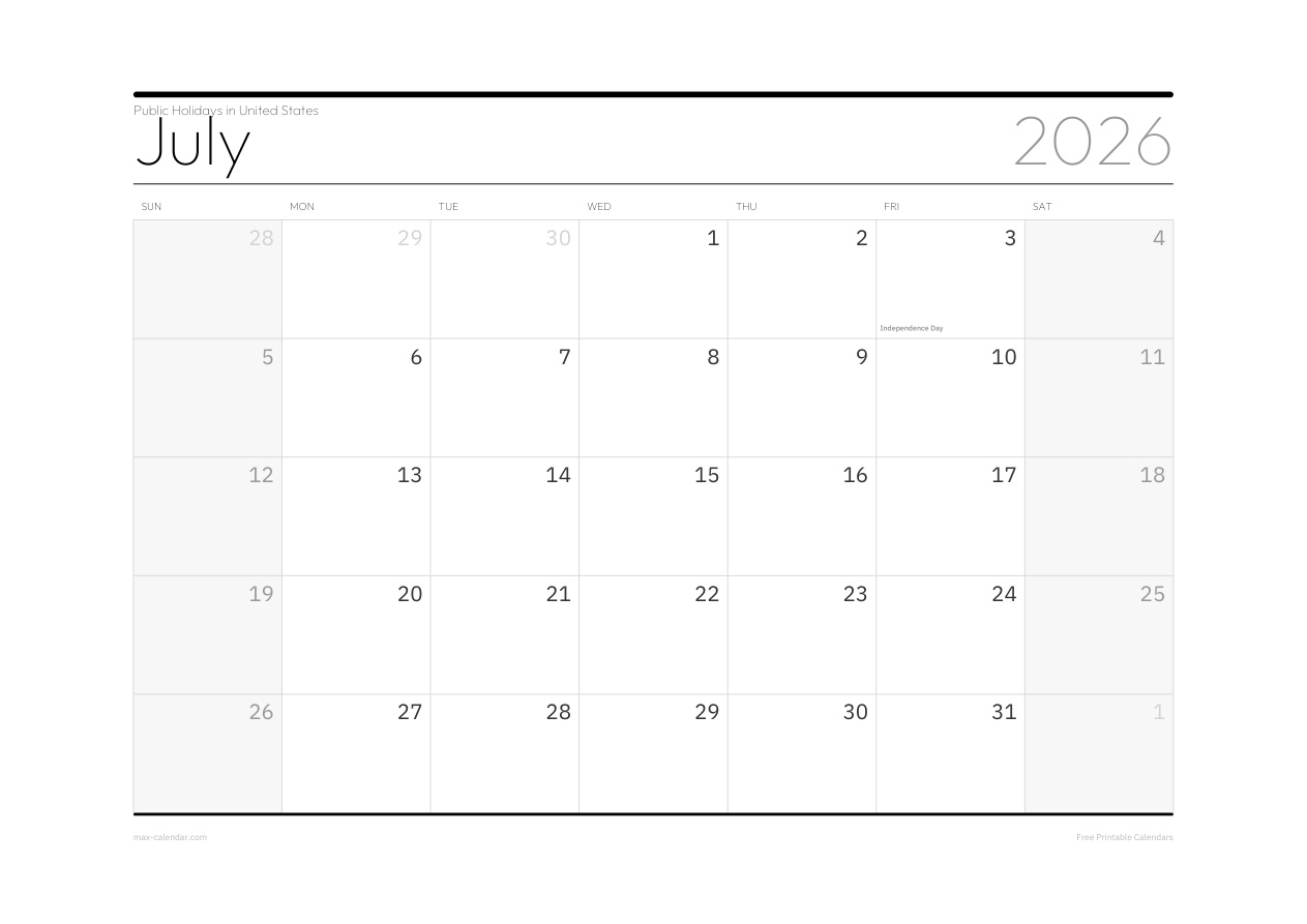 United States July 2026 holiday calendar — landscape, week starts Sunday