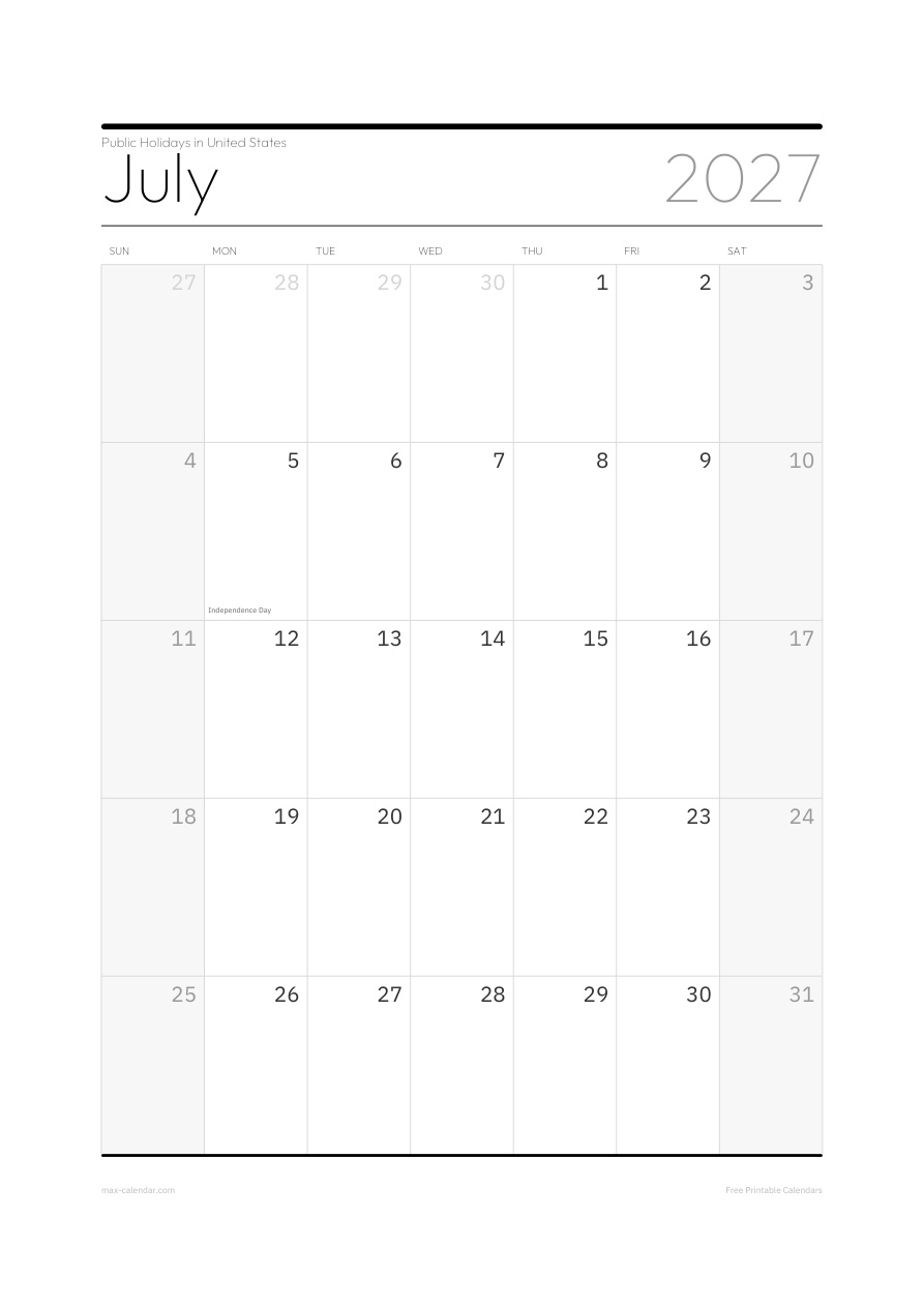 United States July 2027 holiday calendar — portrait, week starts Sunday