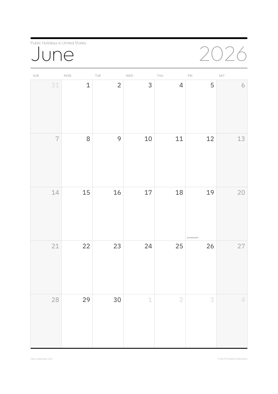 United States June 2026 holiday calendar — portrait, week starts Sunday