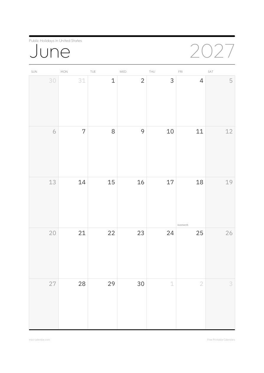 United States June 2027 holiday calendar — portrait, week starts Sunday