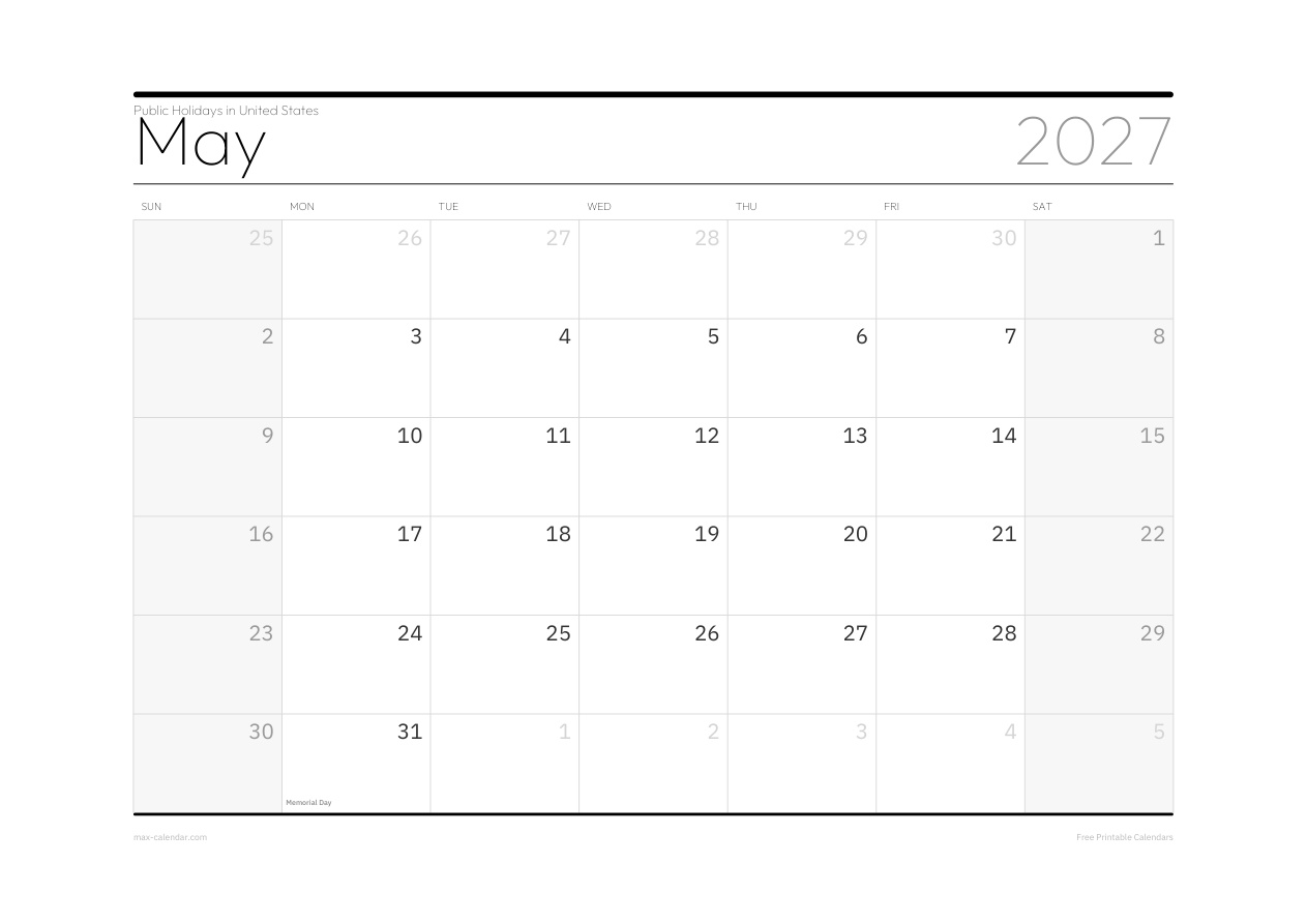 United States May 2027 holiday calendar — landscape, week starts Sunday