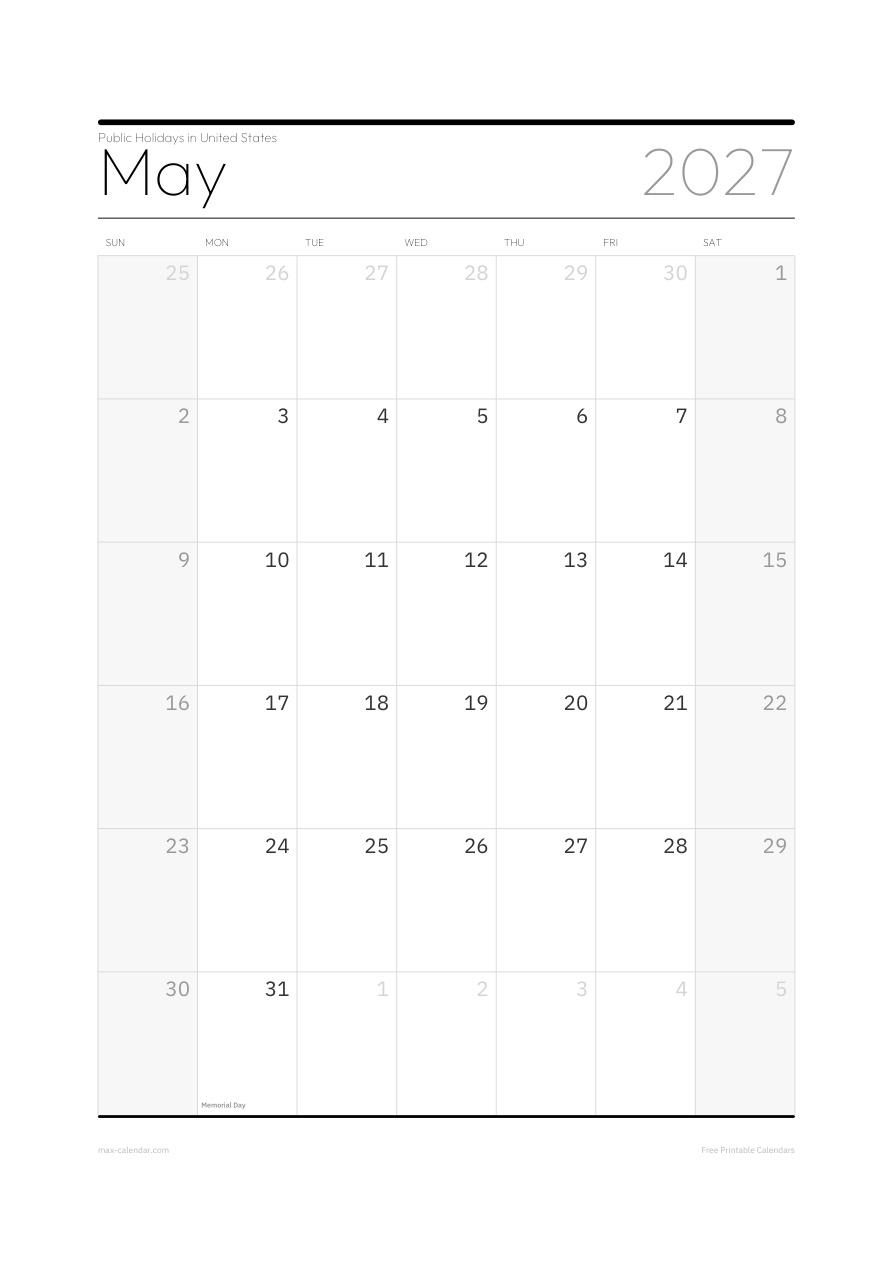 United States May 2027 holiday calendar — portrait, week starts Sunday