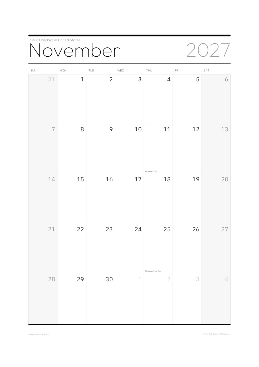 United States November 2027 holiday calendar — portrait, week starts Sunday