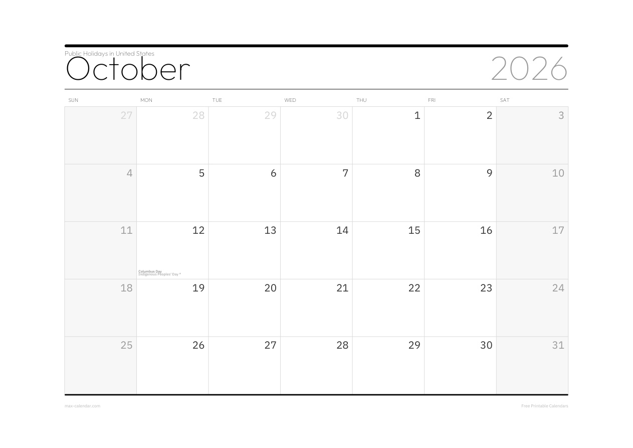 United States October 2026 holiday calendar — landscape, week starts Sunday