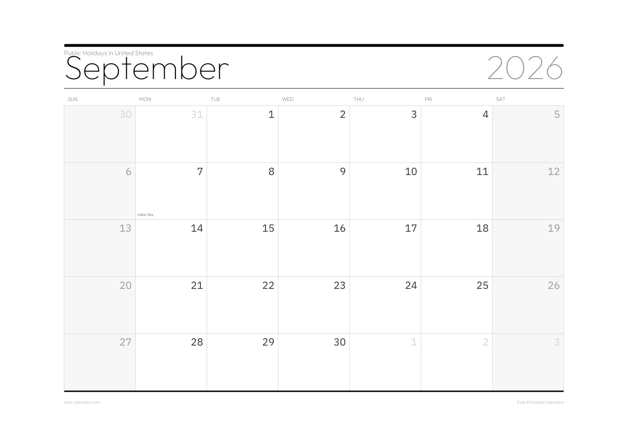 United States September 2026 holiday calendar — landscape, week starts Sunday