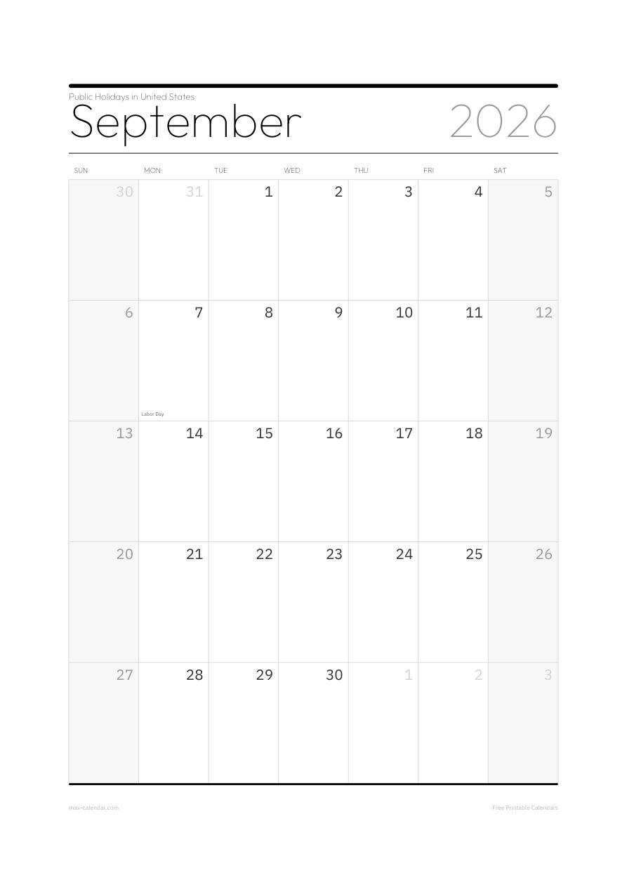 United States September 2026 holiday calendar — portrait, week starts Sunday